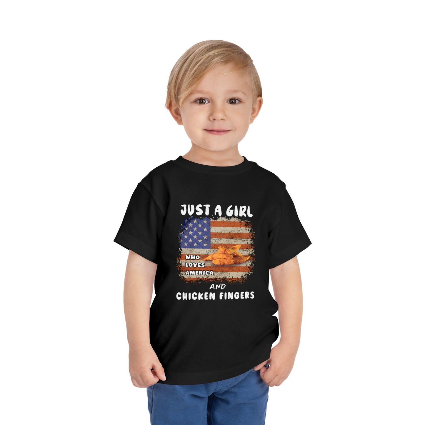 Just a Girl Who Loves America and Chicken Fingers Toddler Short Sleeve Tee