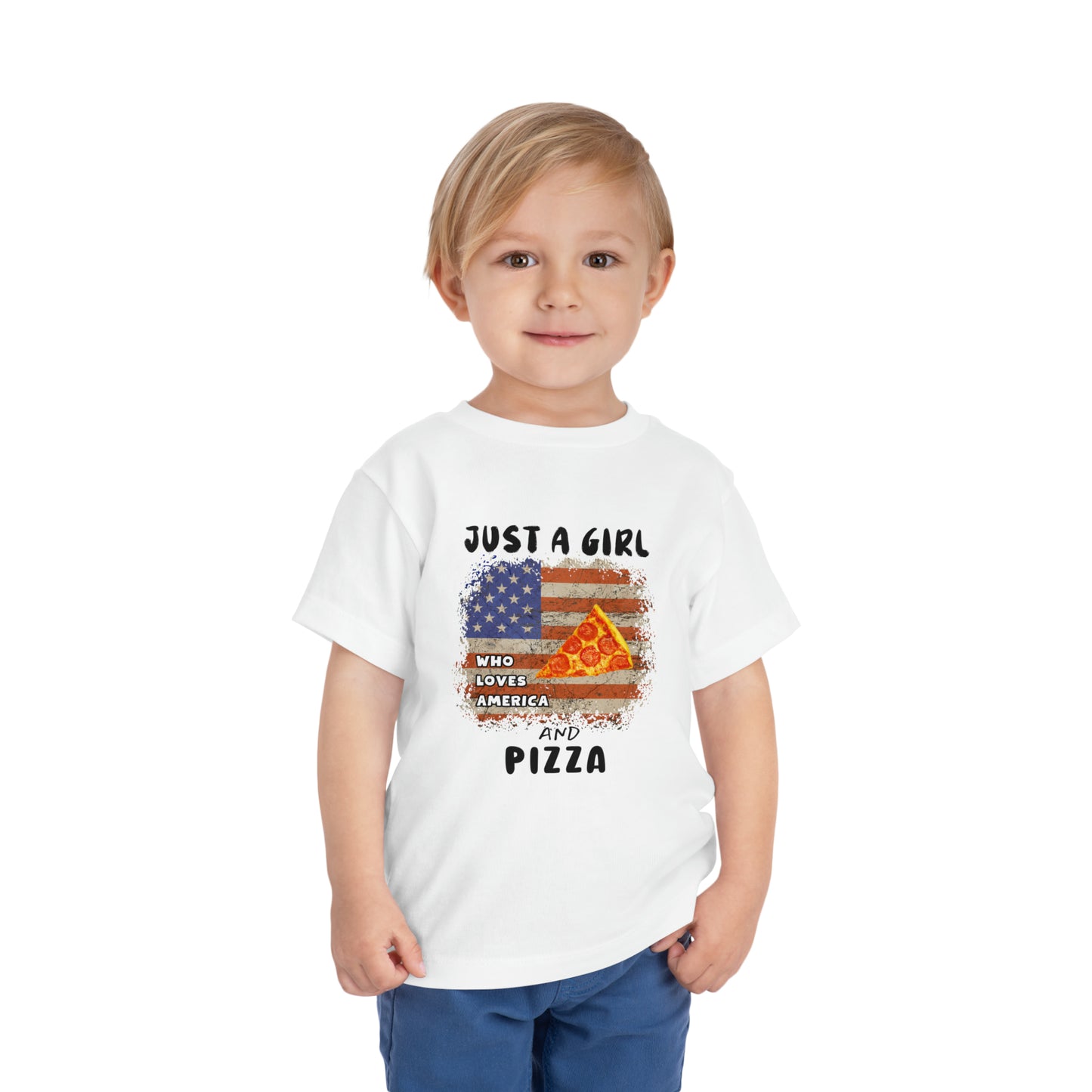 Just a Girl Who Loves America and Pizza Toddler Short Sleeve Tee