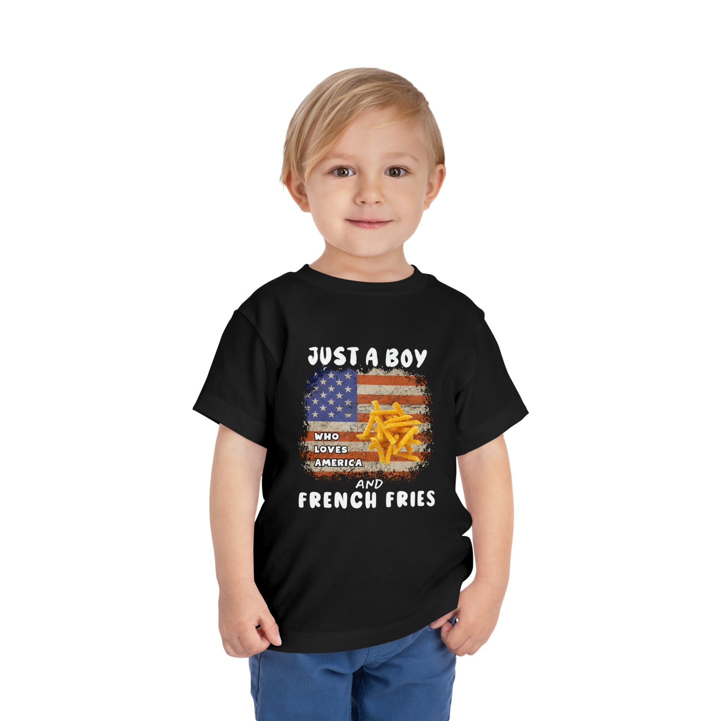 Just a Boy Who Loves America and French Fries Toddler Short Sleeve Tee