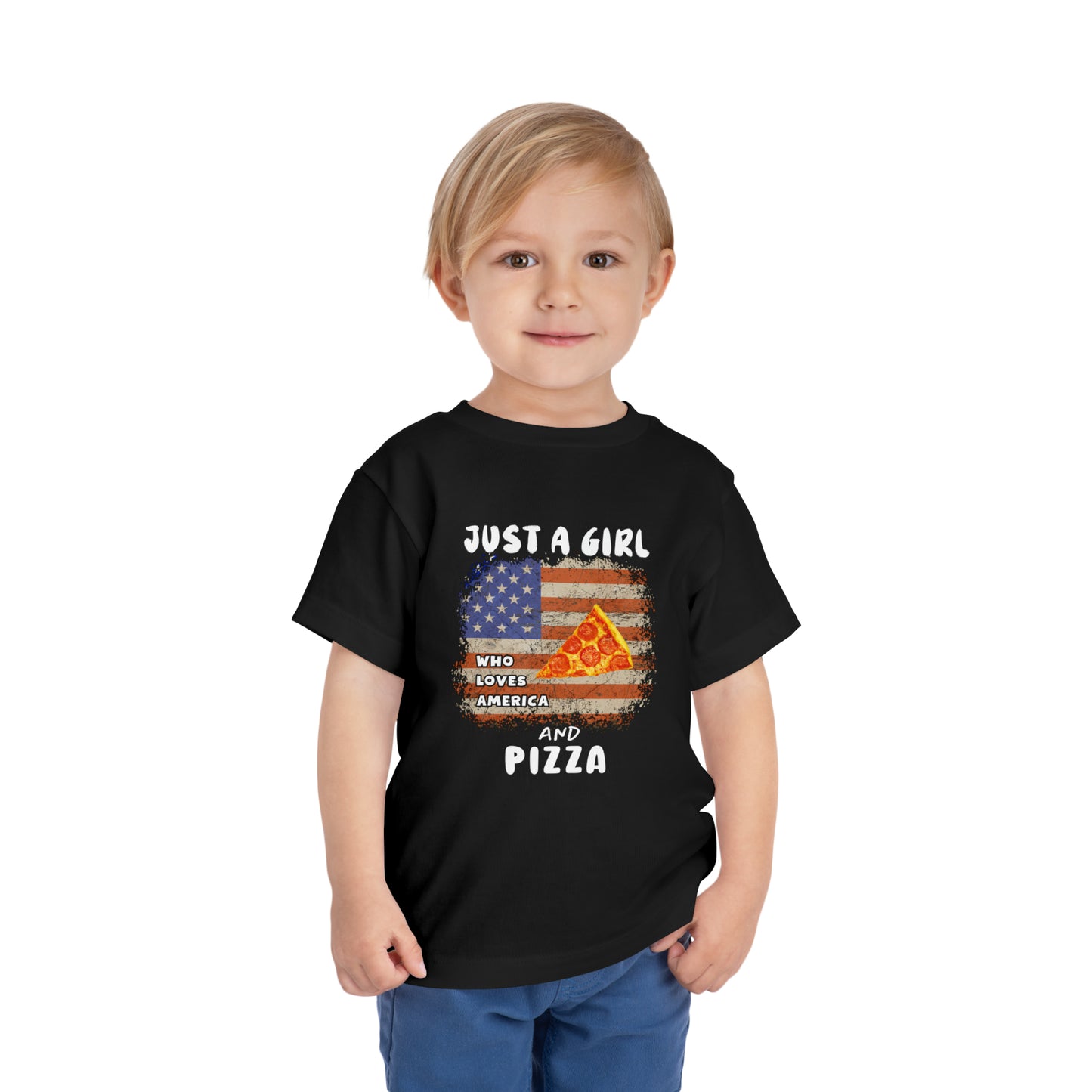 Just a Girl Who Loves America and Pizza Toddler Short Sleeve Tee