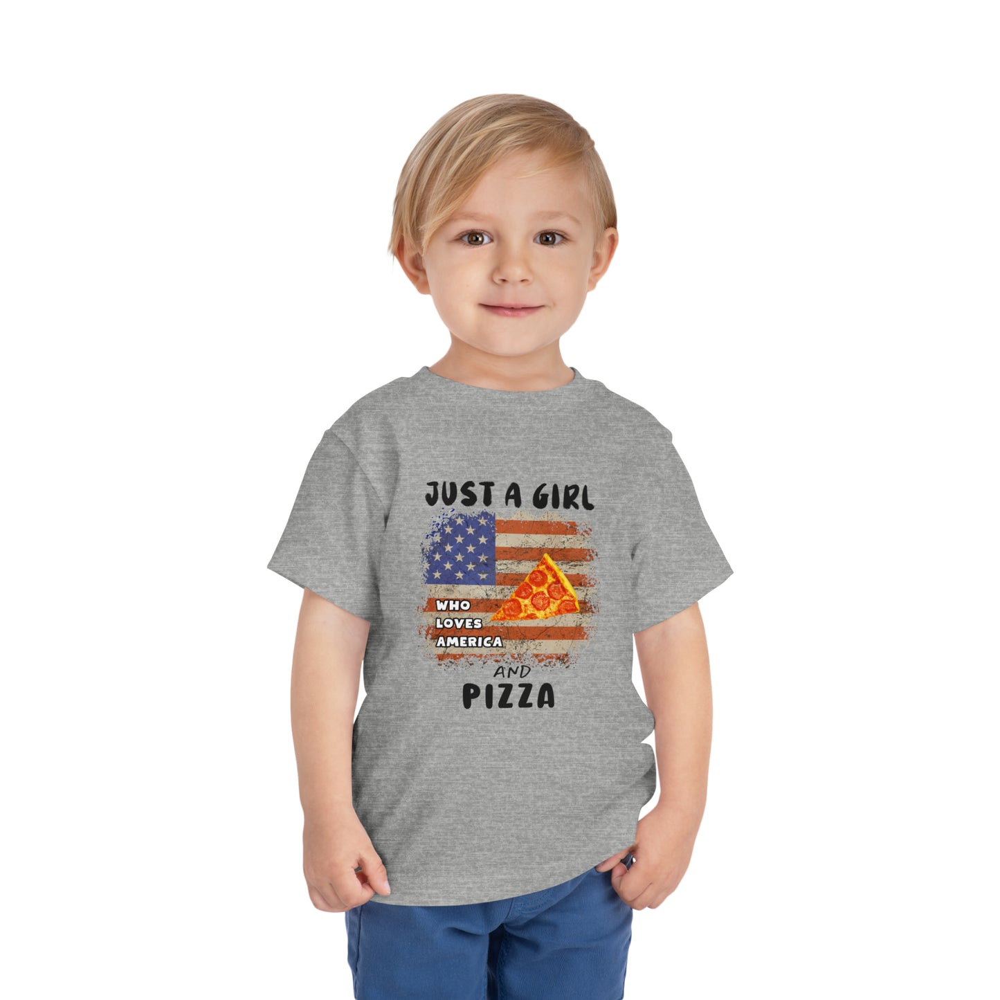 Just a Girl Who Loves America and Pizza Toddler Short Sleeve Tee