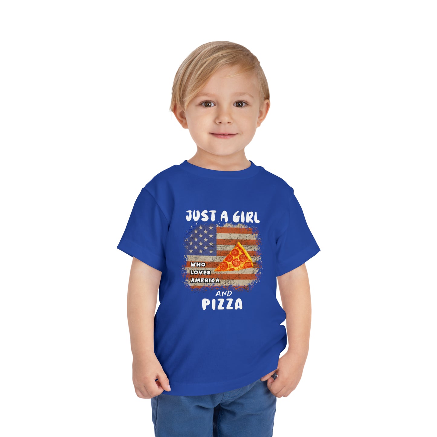 Just a Girl Who Loves America and Pizza Toddler Short Sleeve Tee