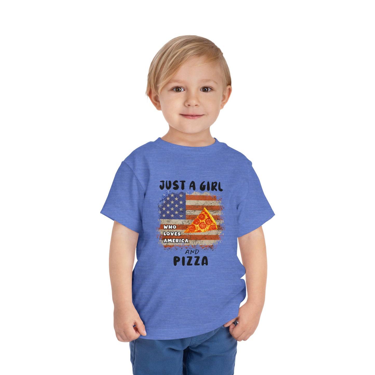 Just a Girl Who Loves America and Pizza Toddler Short Sleeve Tee
