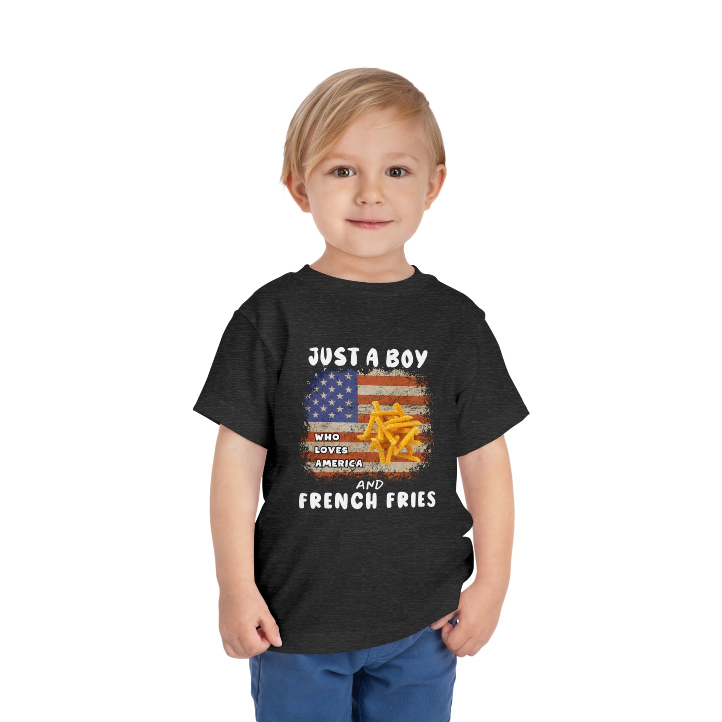 Just a Boy Who Loves America and French Fries Toddler Short Sleeve Tee